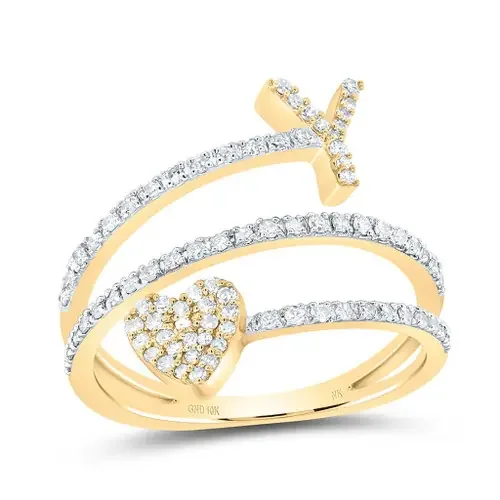 14K Yellow Gold Diamond Women‘s Block Letter Y Initial & Heart Wrap Ring 3/8 CT