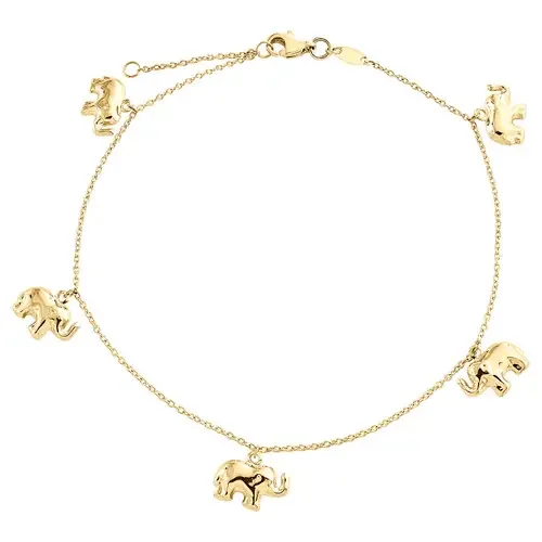 14K Yellow Gold Fancy Link Chain Statement 10mm Elephant Charm Anklet 9″+ 1″ Ext