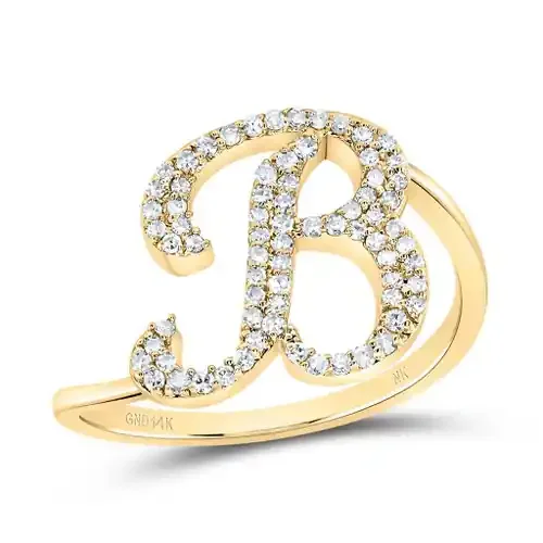 14k Yellow Gold Genuine Diamond Cursive Font Letter B Initial Bypass Ring 1/4 CT