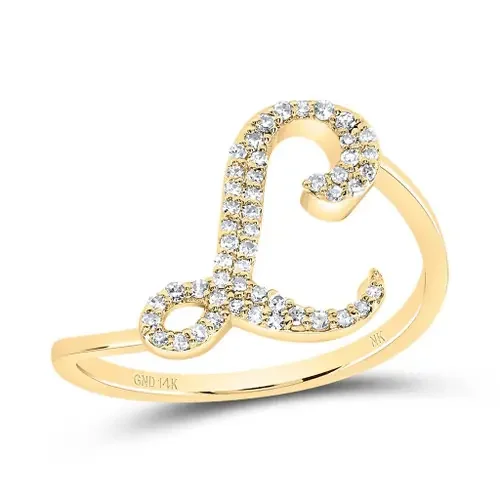14k Yellow Gold Genuine Diamond Cursive Font Letter L Initial Bypass Ring 1/6 CT