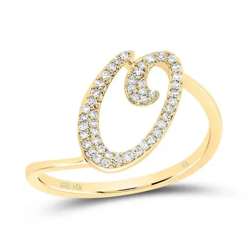 14k Yellow Gold Genuine Diamond Cursive Font Letter O Initial Bypass Ring 1/6 CT