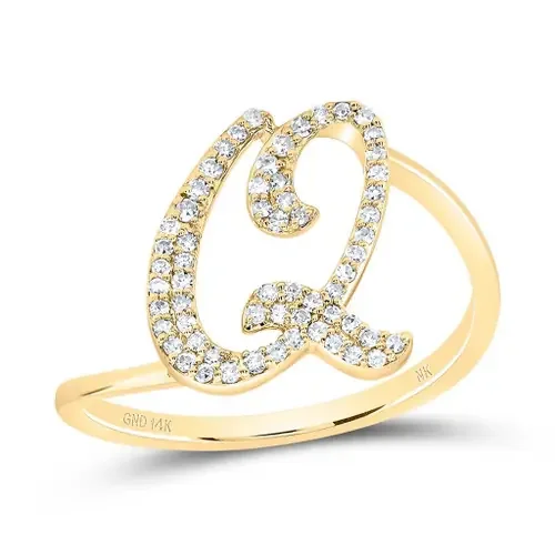 14k Yellow Gold Genuine Diamond Cursive Font Letter Q Initial Bypass Ring 1/5 CT
