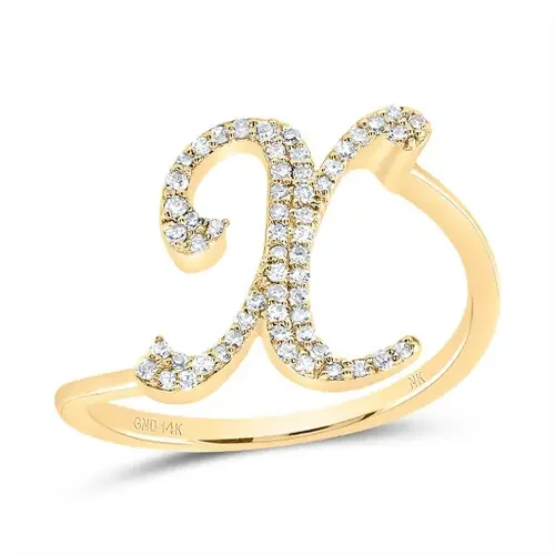 14k Yellow Gold Genuine Diamond Cursive Font Letter X Initial Bypass Ring 1/6 CT