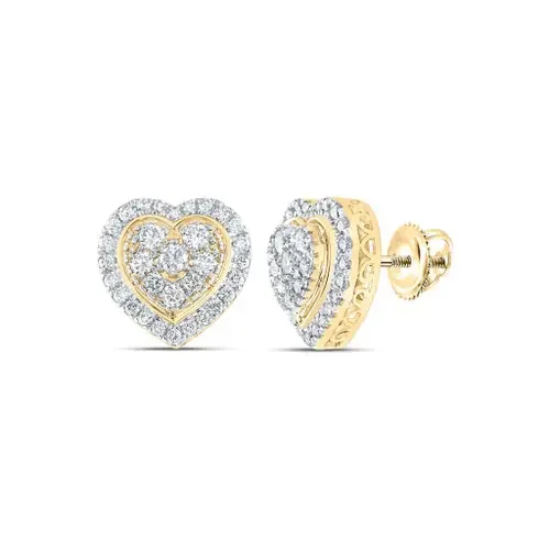 14K Yellow Gold Genuine Diamond Women‘s Raised Halo Heart Stud Earrings 1.25 CT