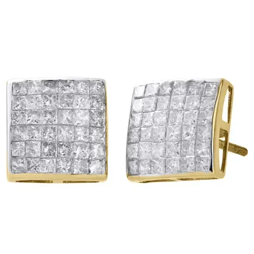 14K Yellow Gold Genuine Princess Diamond Studs 10.80mm Square Earrings 2 Ct.