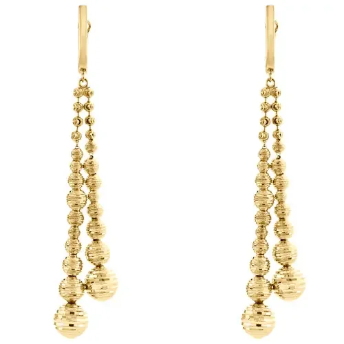 14K Yellow Gold Graduating Moon Cut Linen Bead Fancy Dangle Drop Earrings 2.90″