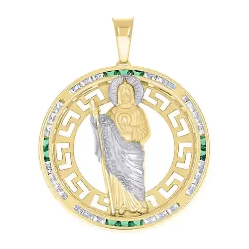 14K Yellow Gold Green CZ Unisex 1.85″ Greek Key Charm St. Jude Medallion Pendant