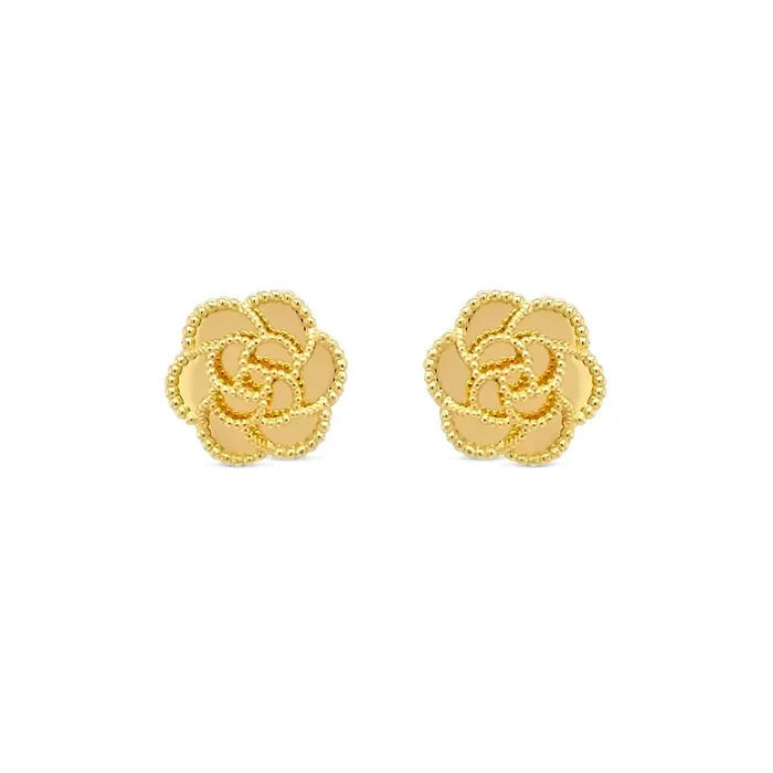 14K YELLOW GOLD ITALIAN 3D FLOWER STUD EARRINGS