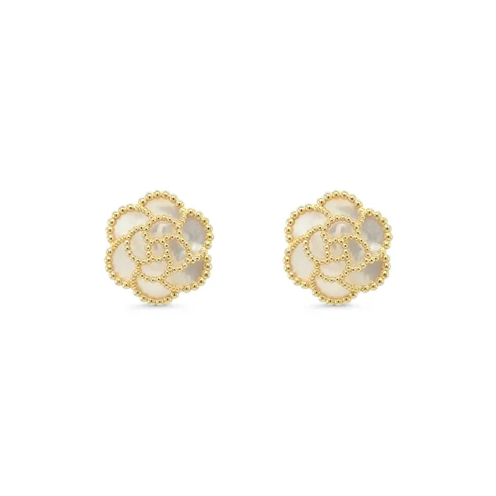 14K YELLOW GOLD ITALIAN MOTHER OF PEARL LARGE FLOWER SHAPE STUD EARRINGS