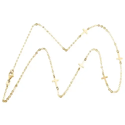 14K Yellow Gold Italian Three Sideways Cross Statement Cable Chain Necklace 18″