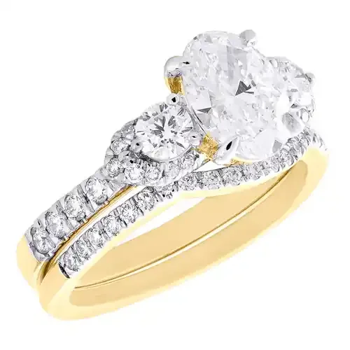 14K Yellow Gold Lab Created Diamond Oval 3 Stone Contoured Bridal Set 2.40 CT
