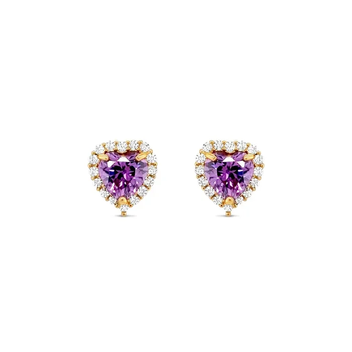14K YELLOW GOLD LARGE PURPLE CZ HEART HALO STUD EARRINGS