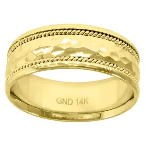 14K Yellow Gold Men‘s Hammered w/ Rope Milgrain 8mm Wedding Band Sizes 7 – 12