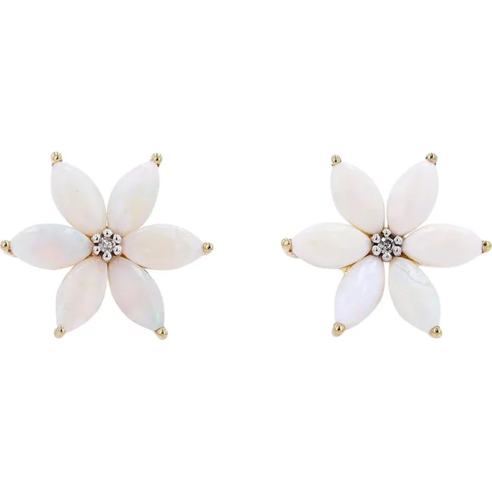 14K Yellow Gold Opal Flower Stud Earrings – Delicate Floral Beauty