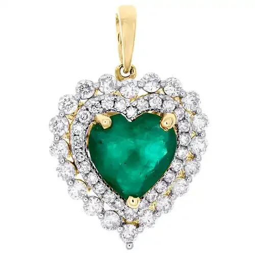 14K Yellow Gold Oval Emerald & Diamond Halo Love Heart Pendant Charm 5/8 CT