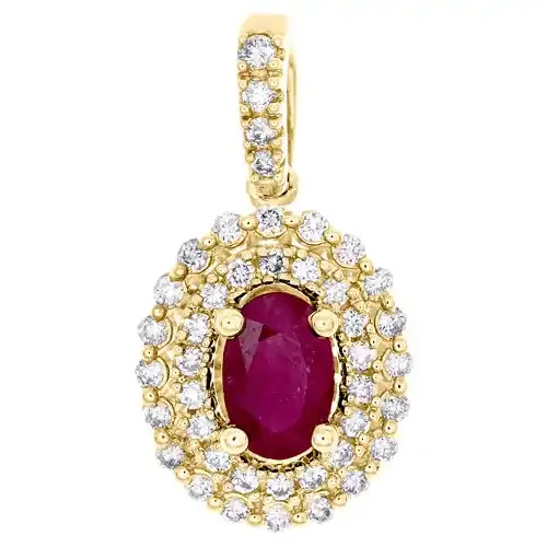 14K Yellow Gold Oval Natural Ruby & Diamond Pendant 0.75″ Halo Charm 3/4 CT.