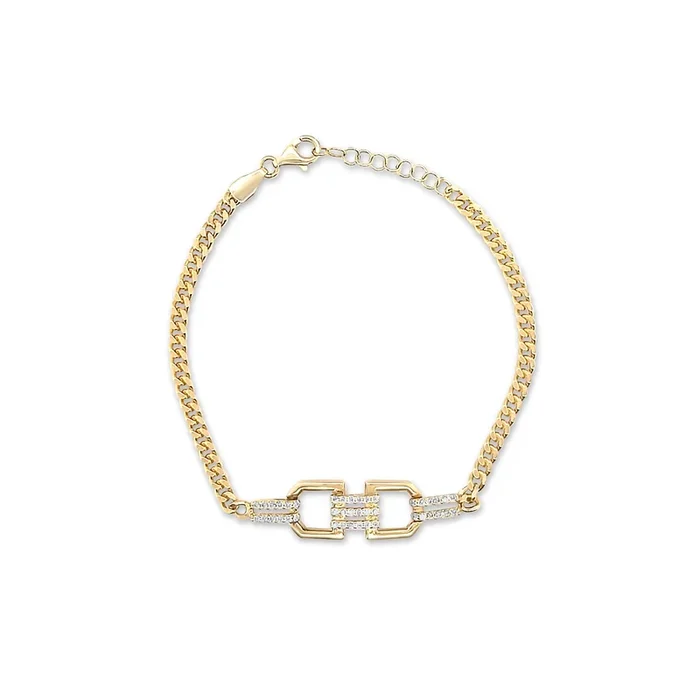 14K YELLOW GOLD PLATED STERLING SILVER CZ CURVED LINK BRACELET