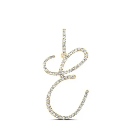 14K Yellow Gold Real Diamond Fancy Cursive Script Font Initial E Pendant 1/2 CT