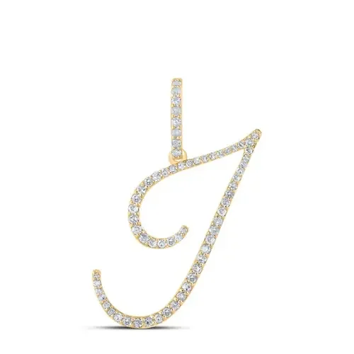 14K Yellow Gold Real Diamond Fancy Cursive Script Font Initial I Pendant 3/8 CT