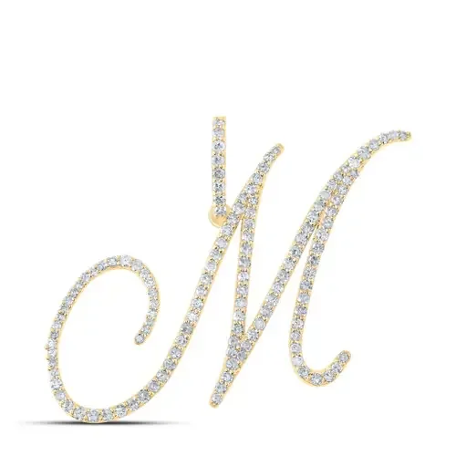 14K Yellow Gold Real Diamond Fancy Cursive Script Font Initial M Pendant 7/8 CT