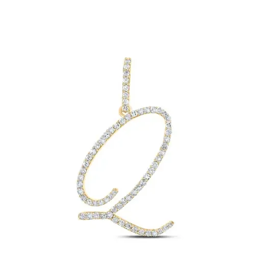 14K Yellow Gold Real Diamond Fancy Cursive Script Font Initial Q Pendant 1/2 CT
