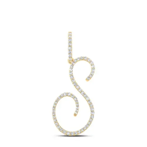 14K Yellow Gold Real Diamond Fancy Cursive Script Font Initial S Pendant 3/8 CT