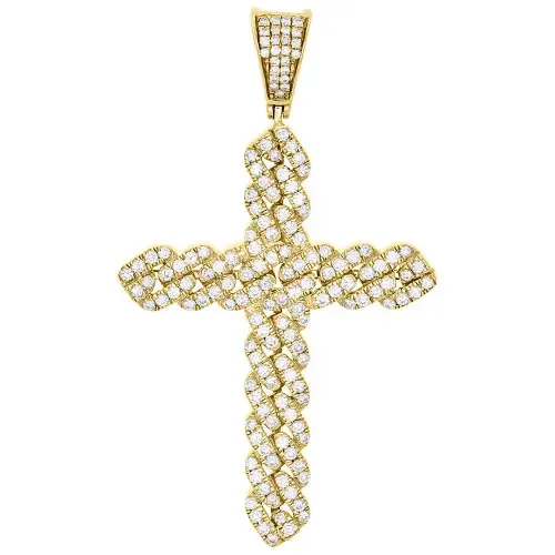 14K Yellow Gold Real Diamond Miami Cuban Link Cross Pendant 2.25″ Charm 1.58 CT.