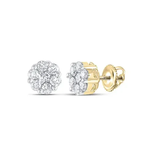 14K Yellow Gold Real Diamond Unisex Floral 7.5mm Flower Set Stud Earrings 1 CT