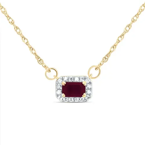14K Yellow Gold Real Ruby & Diamond Women‘s Rectangle Halo 18″ Necklace 0.45 CT