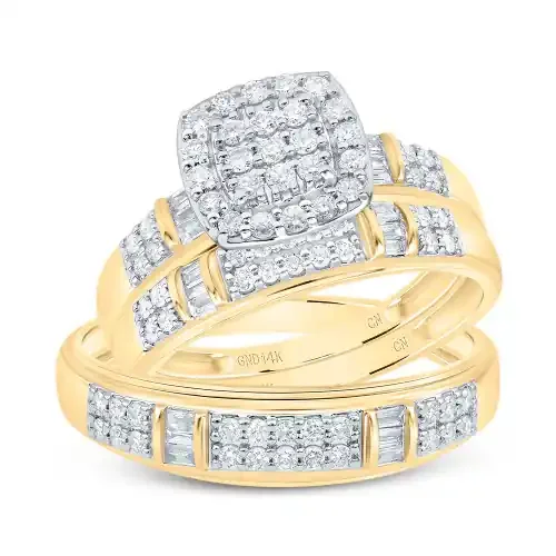 14K Yellow Gold Round & Baguette Cut Diamond Men‘s Wedding Band & Women‘s Bridal Set Cushion Halo Matching Trio Set 3/4 Ct.