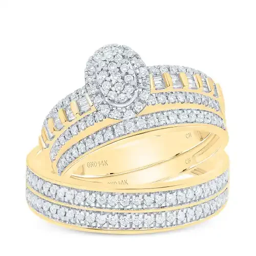 14K Yellow Gold Round & Baguette Cut Diamond Men‘s Wedding Band & Women‘s Bridal Set Tiered Oval Halo Matching Trio Set 3/4 Ct.