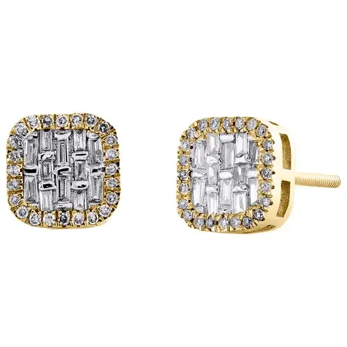 14K Yellow Gold Round & Baguette Diamond Square Stud 7.5mm Fancy Earrings 1/4 CT