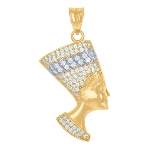14K Yellow Gold Round Cut CZ Men‘s 1.40″ Egyptian Queen Charm Nefertiti Pendant