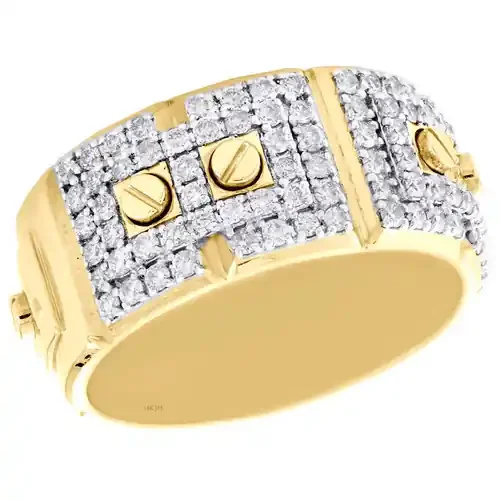 14K Yellow Gold Round Cut Diamond Screw Motif Weding Band 10.50mm Mens Ring 1 CT