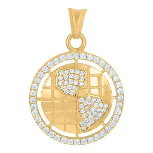 14K Yellow Gold Round CZ Men‘s Circle Medallion Charm World Map Globe Pendant