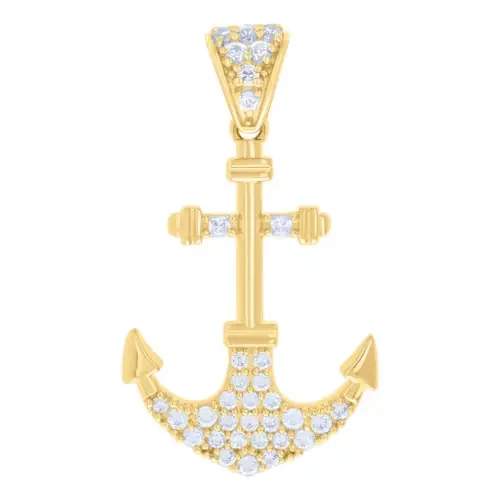 14K Yellow Gold Round CZ Unisex 1″ Cluster Nautical Charm Ship‘s Anchor Pendant