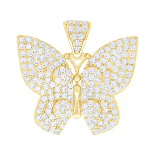 14K Yellow Gold Round CZ Women‘s 0.95″ Iced Out Insect Charm Butterfly Pendant