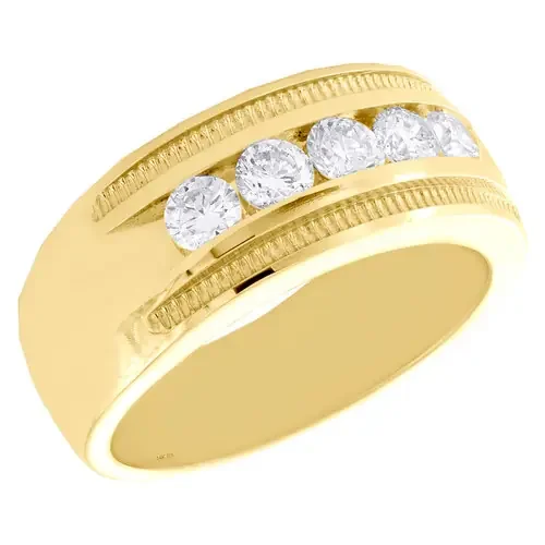 14K Yellow Gold Round Diamond 5 Stone Milgrain Frame Wedding Band 9mm Ring 1 CT.