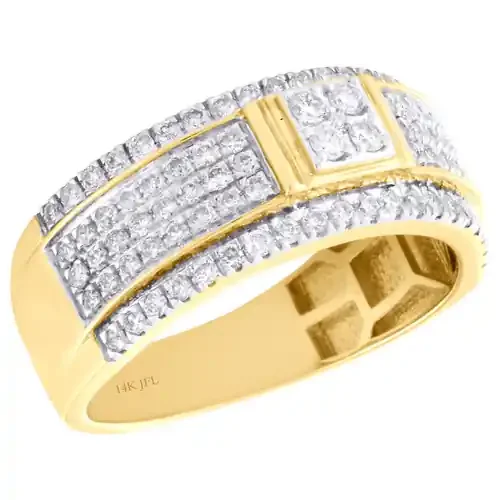 14K Yellow Gold Round Diamond Mens Wedding Band Tiered Quad Center Ring 1 CT.