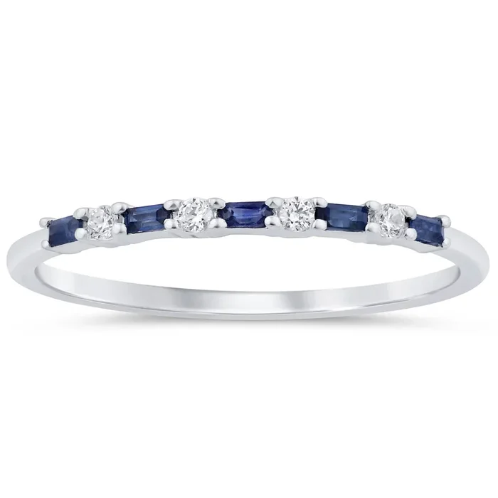 .15ct G SI 14K White Gold Diamond & Blue Sapphire Band Ring Size 6.5
