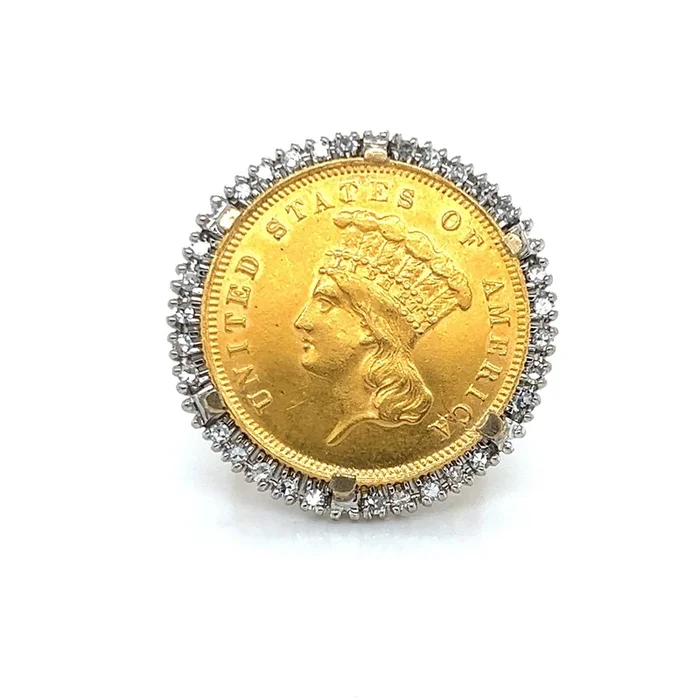 1855 Indian Princess $3 Gold Coin w/Diamond Bezel set in 14k Gold Ring – Size 4