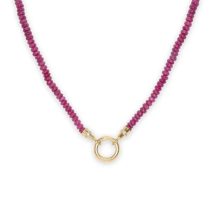 18K Beaded Chain Necklace with Diamond Caps in Opaque Ruby
