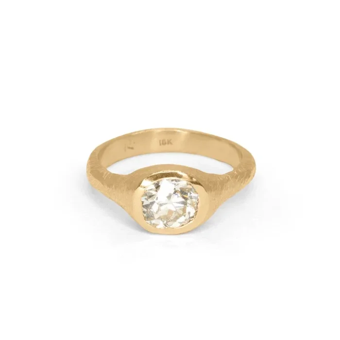 18K Carved Engagement Signet Ring with 1.30CT Antique Old Mine Diamond