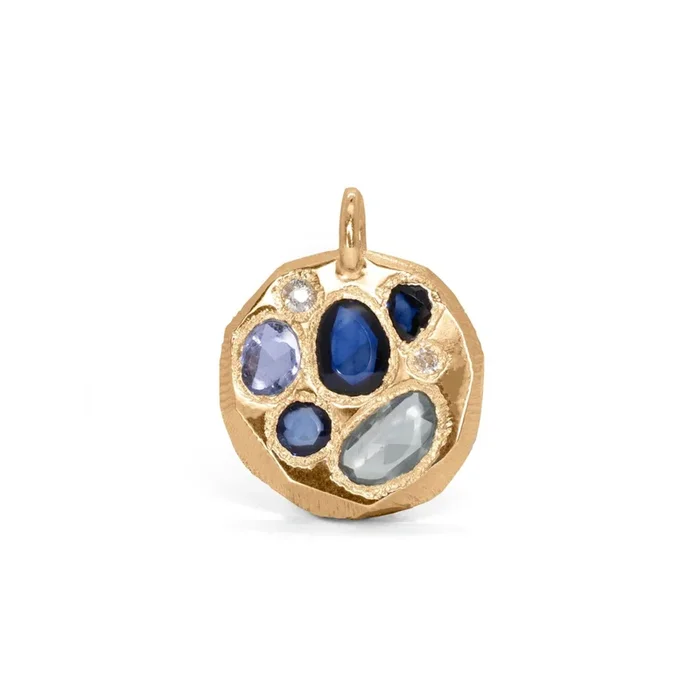 18K Round Mosaic Tablet Pendant in Blue Sapphires