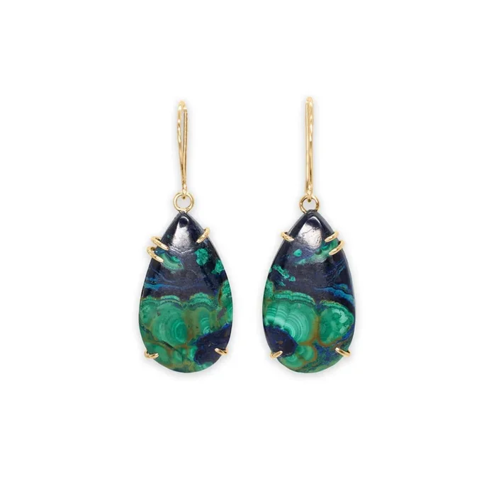 18K Smooth Teardrop Azurite Malachite Prong Earrings