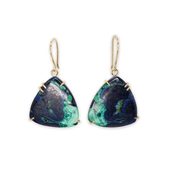 18K Smooth Triangle Azurite Malachite Prong Earrings