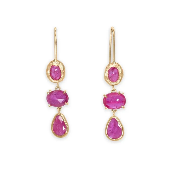 18K Triple Drop Earring in Ruby