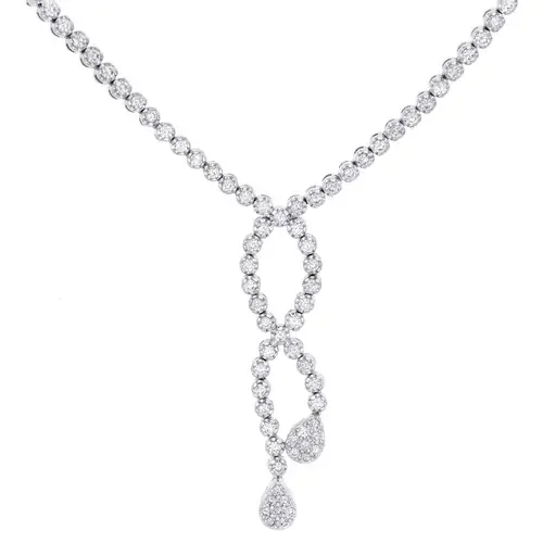 18K White Gold Round Diamond Prong Set Tennis Ribbon Necklace 16″ Chain 7.7 CT.