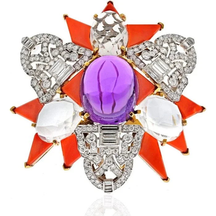 18K Yellow Gold Amethyst and Coral Star Brooch with Diamonds – David Webb Masterpiece