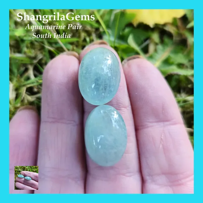 18mm Aquamarine pair green blue oval cabochon 24ct 18 by 12 by 7mm
